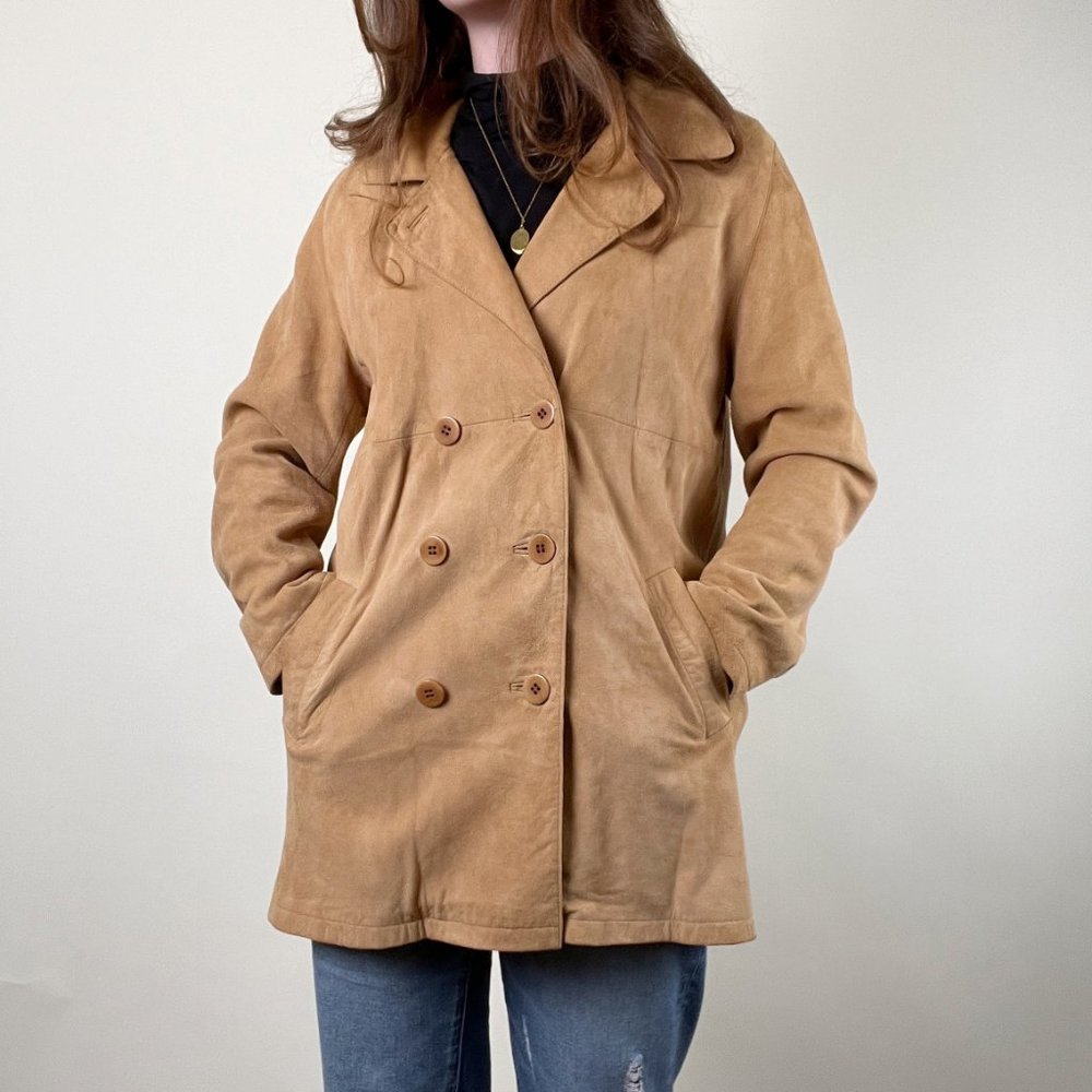 Vintage Suede Leather Camel Double Breasted Peacoat Trench Jacket Coat Shacket - Picture 2 of 7
